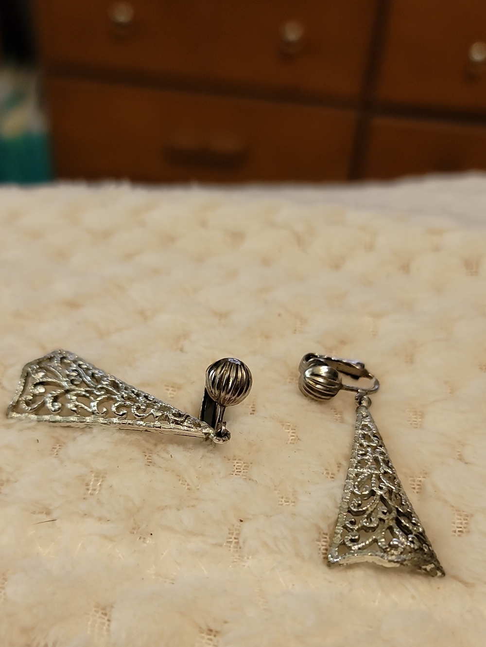 Silver Toned Filigree Triangle Clip-On Earrings